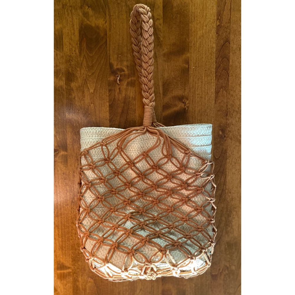 Woven Straw Macrame Net Bucket Bag Terracotta Braided Strap Summer Beach Tote